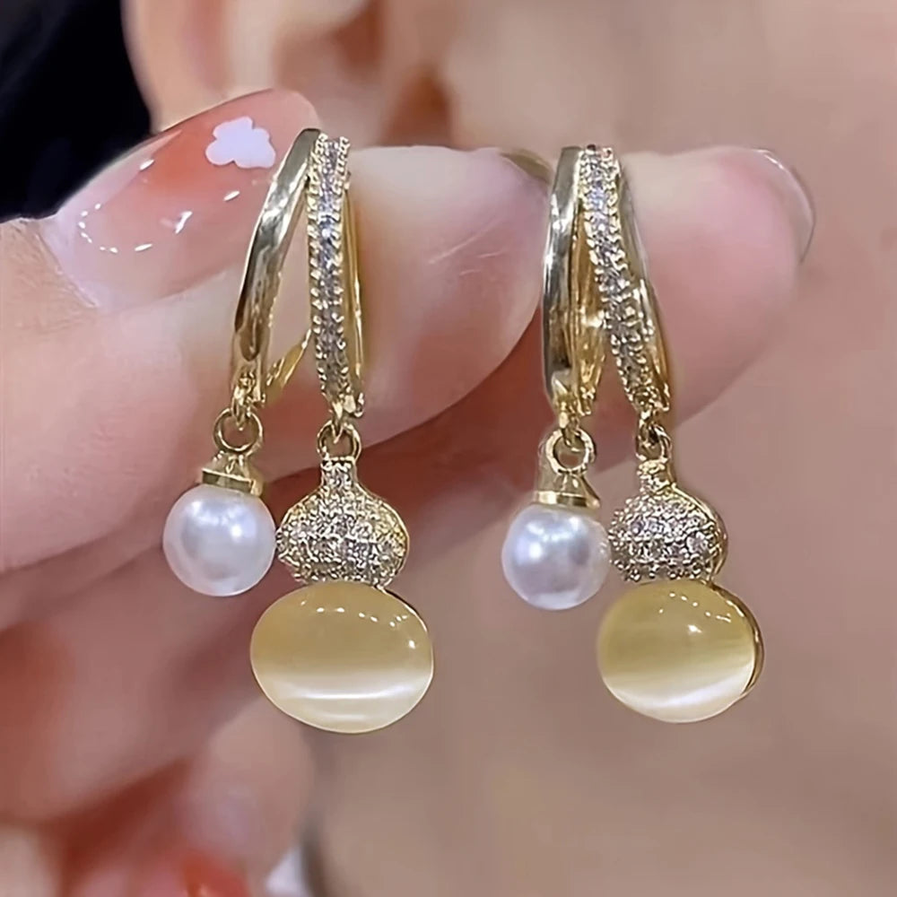uxury Pearl &amp; Crystal Drop Hoop Earrings – 18K Gold Plated